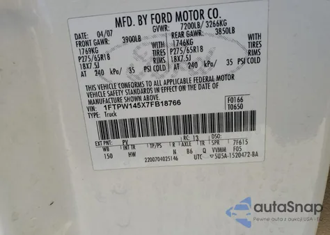 2007 Ford F150 Supercrew из США, поврежденный, VIN 1FTPW145X7FB18766